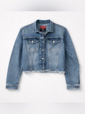 Smarten Blue Denim Cropped Jacket | Frayed Hem | Size Large | Made in India
